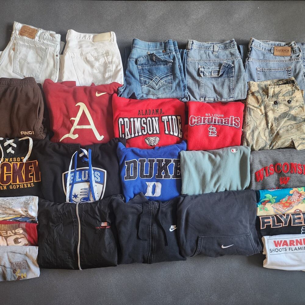 Wholesale Lot of 24 Sweatshirt, Hoodies, Jeans, Sweatpants and T Shirts